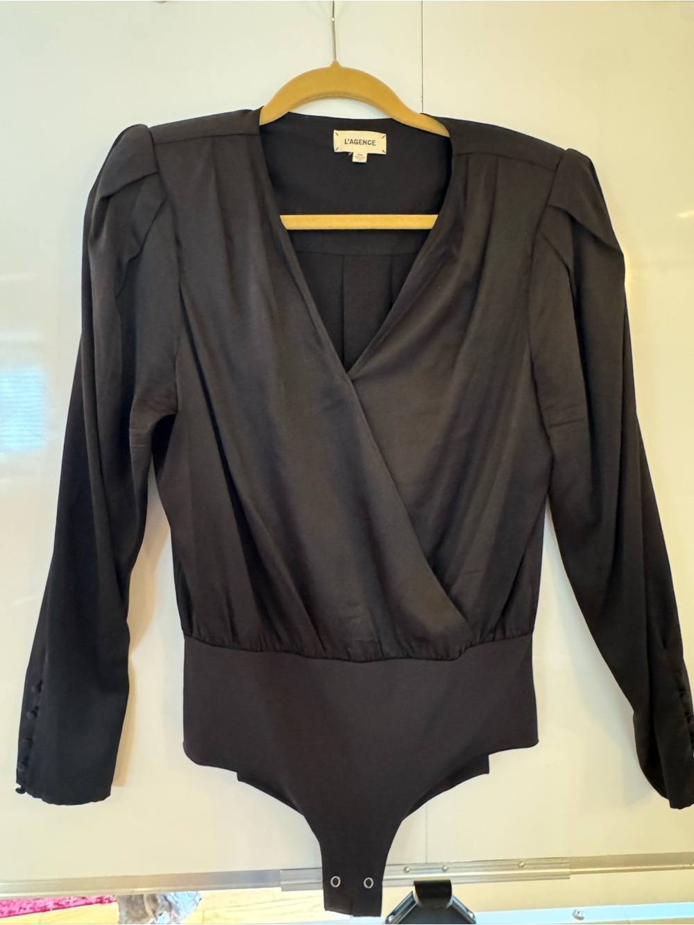 L'AGENCE Black Long-Sleeve Wrap Bodysuit